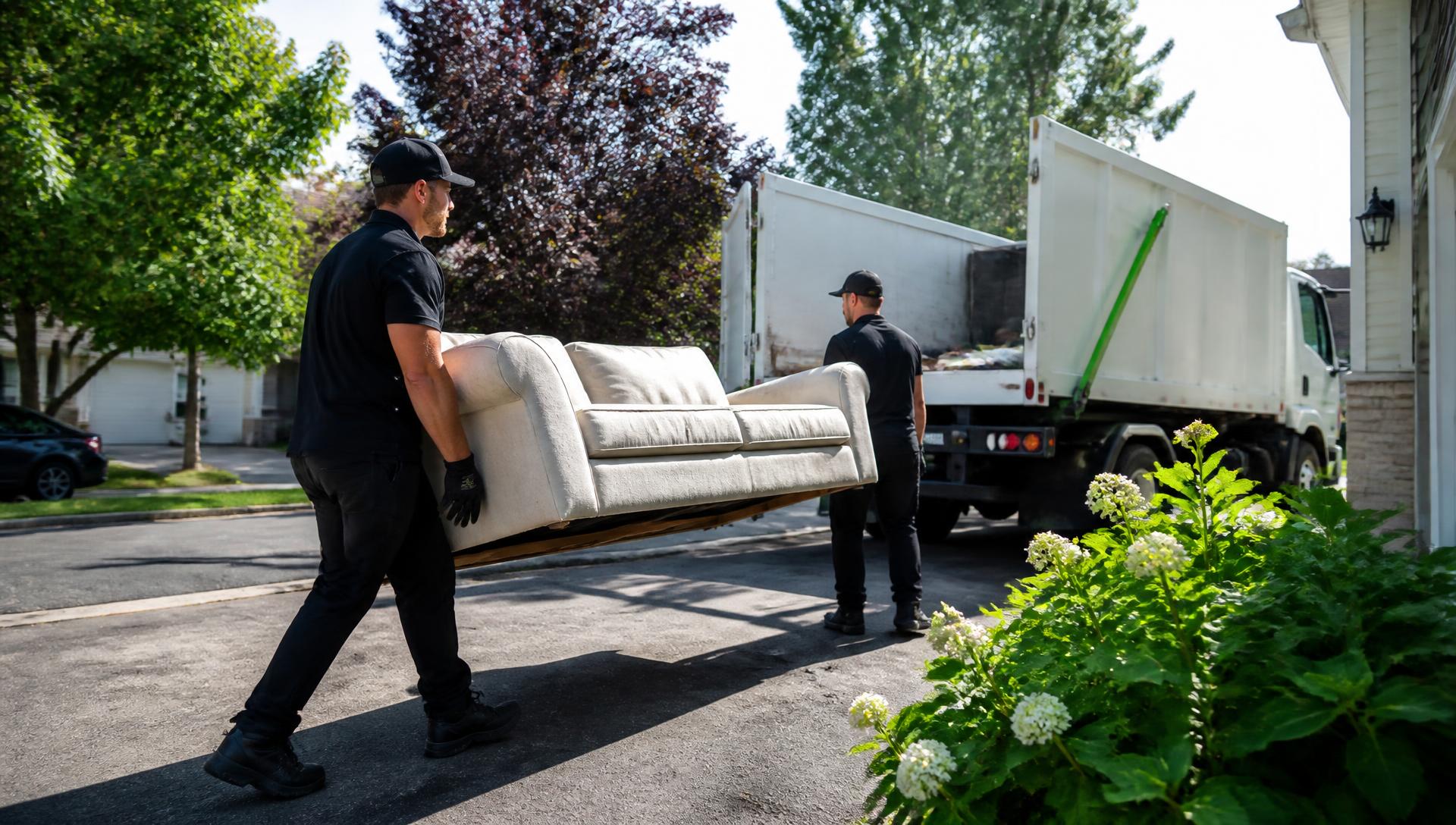 Temporary editorial image of a junk removal truck loaded for hauling